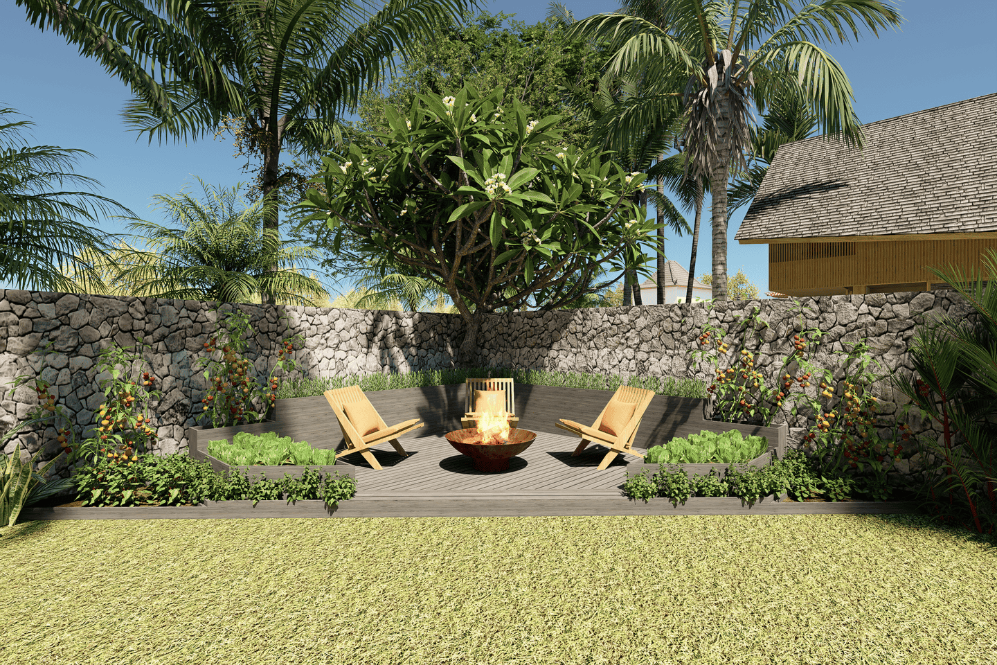 Tropical garden with fire pit and wooden chairs.