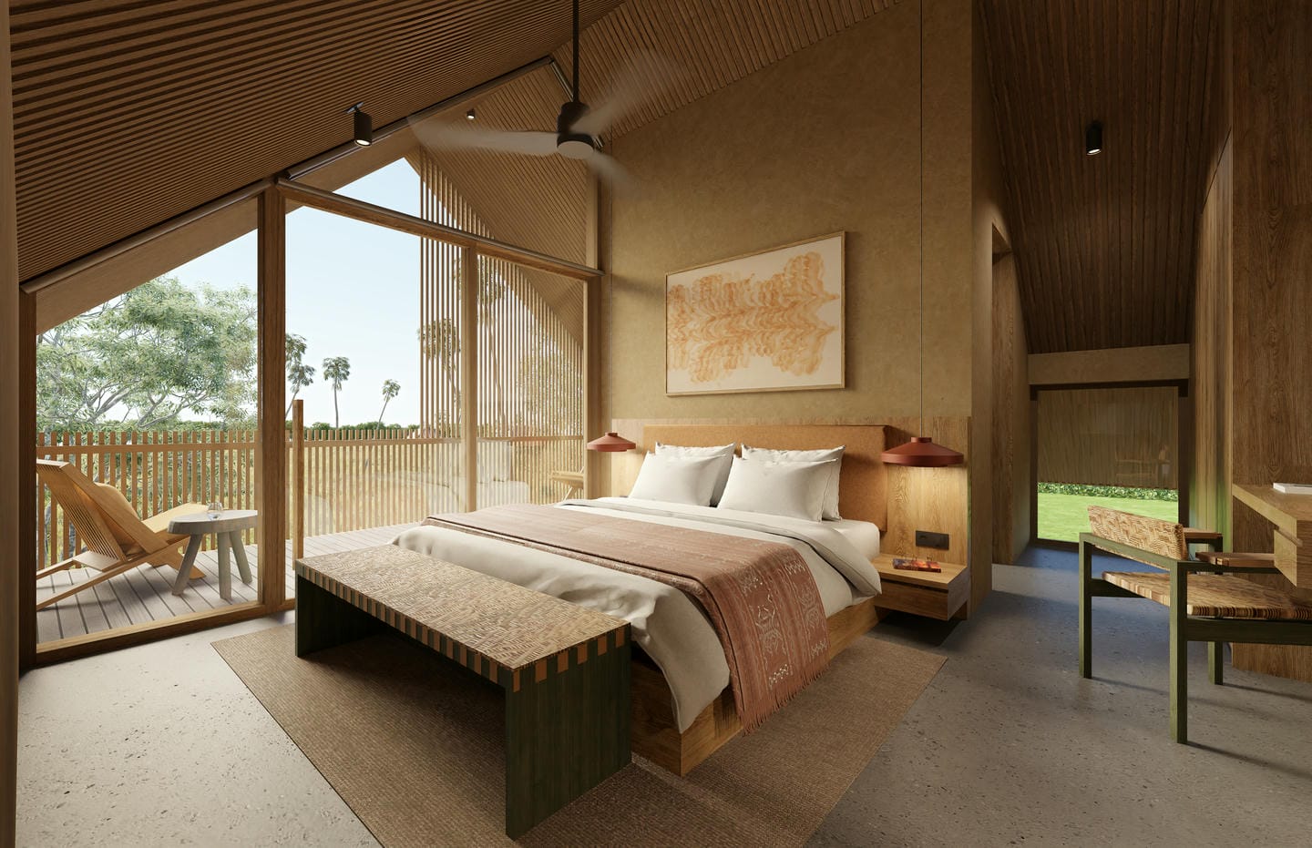 Modern bedroom with wooden decor and outdoor view.