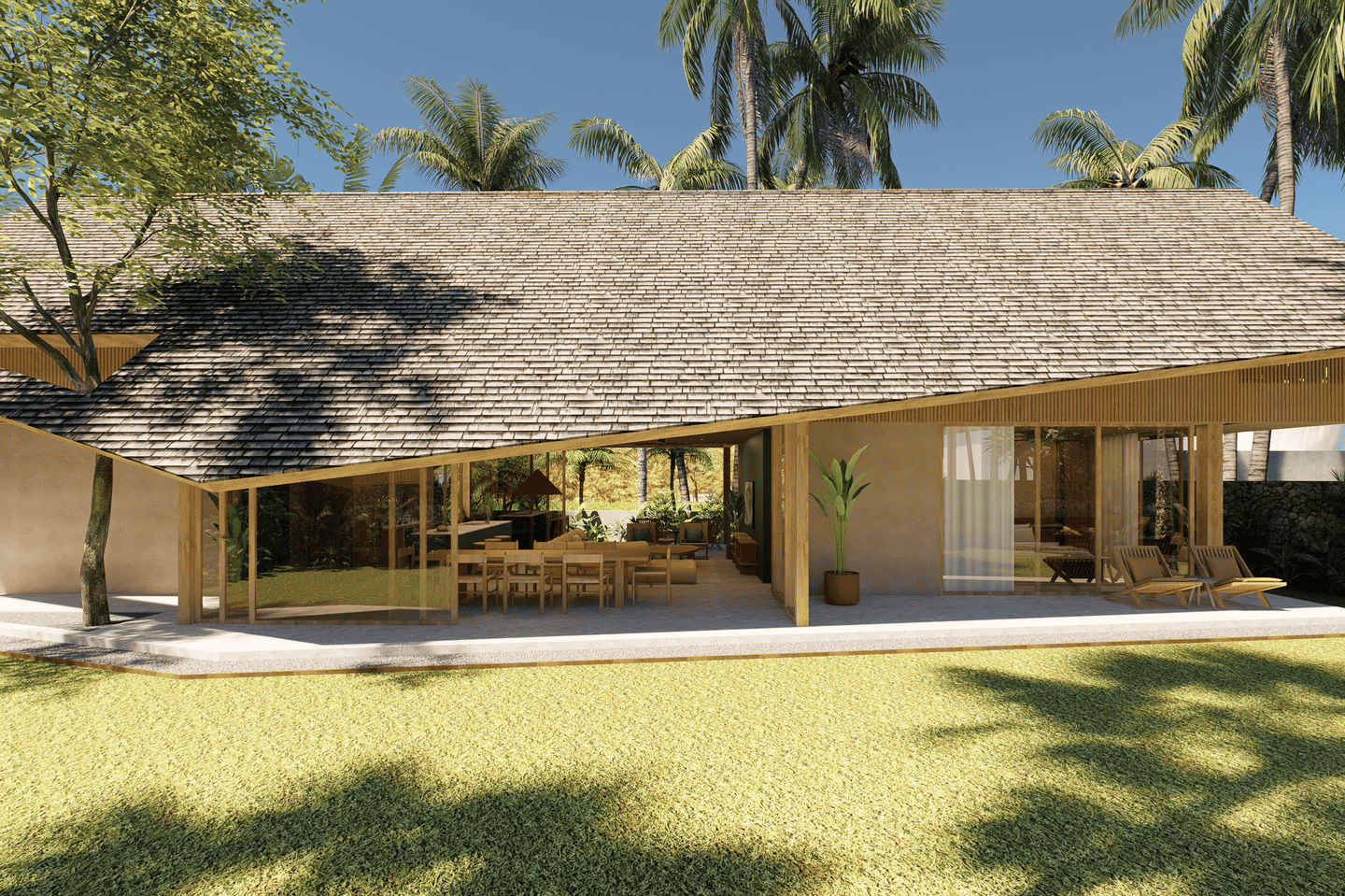 Modern tropical house with palm trees and patio