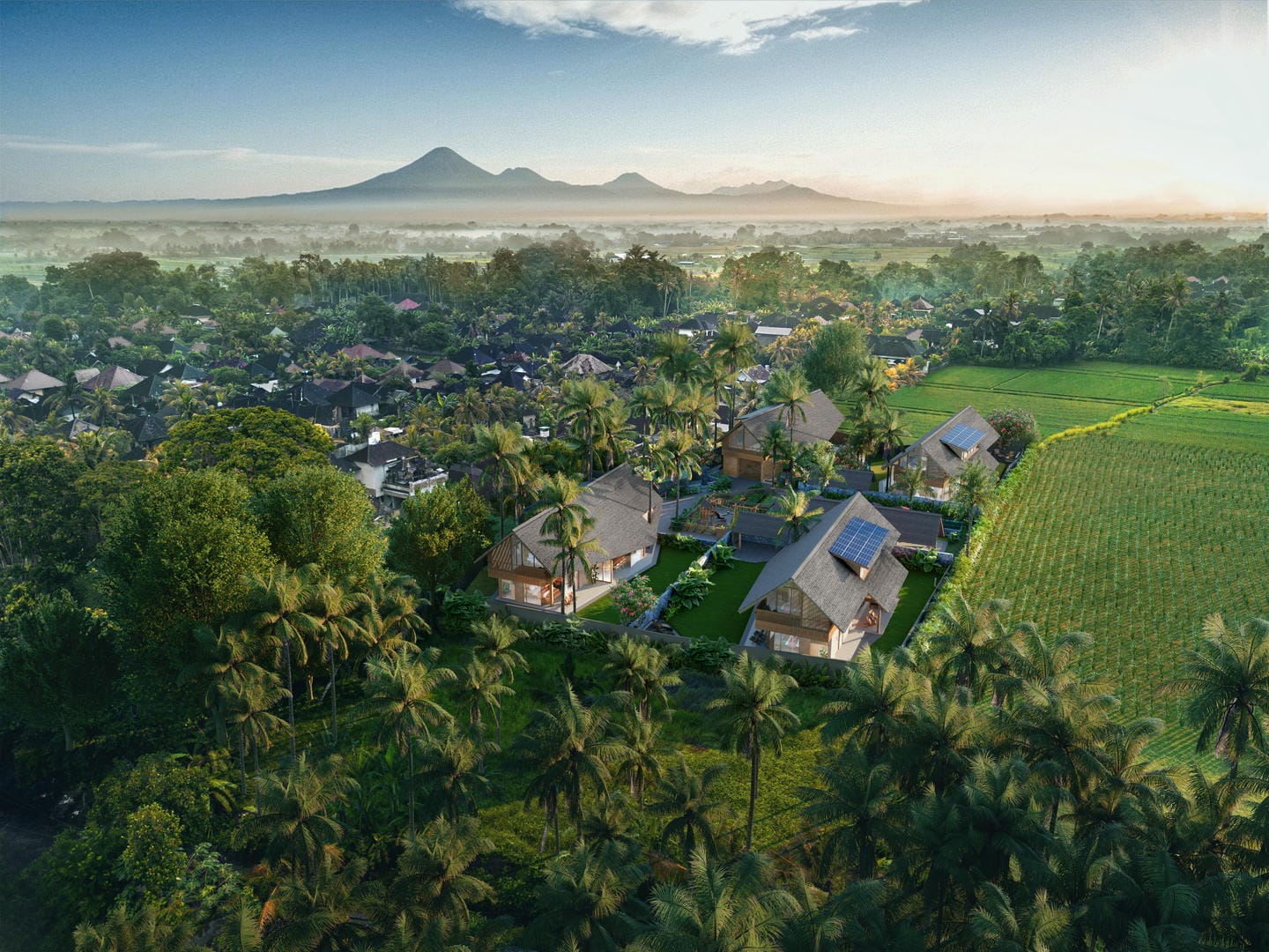 Lush tropical landscape with mountains and sunrise