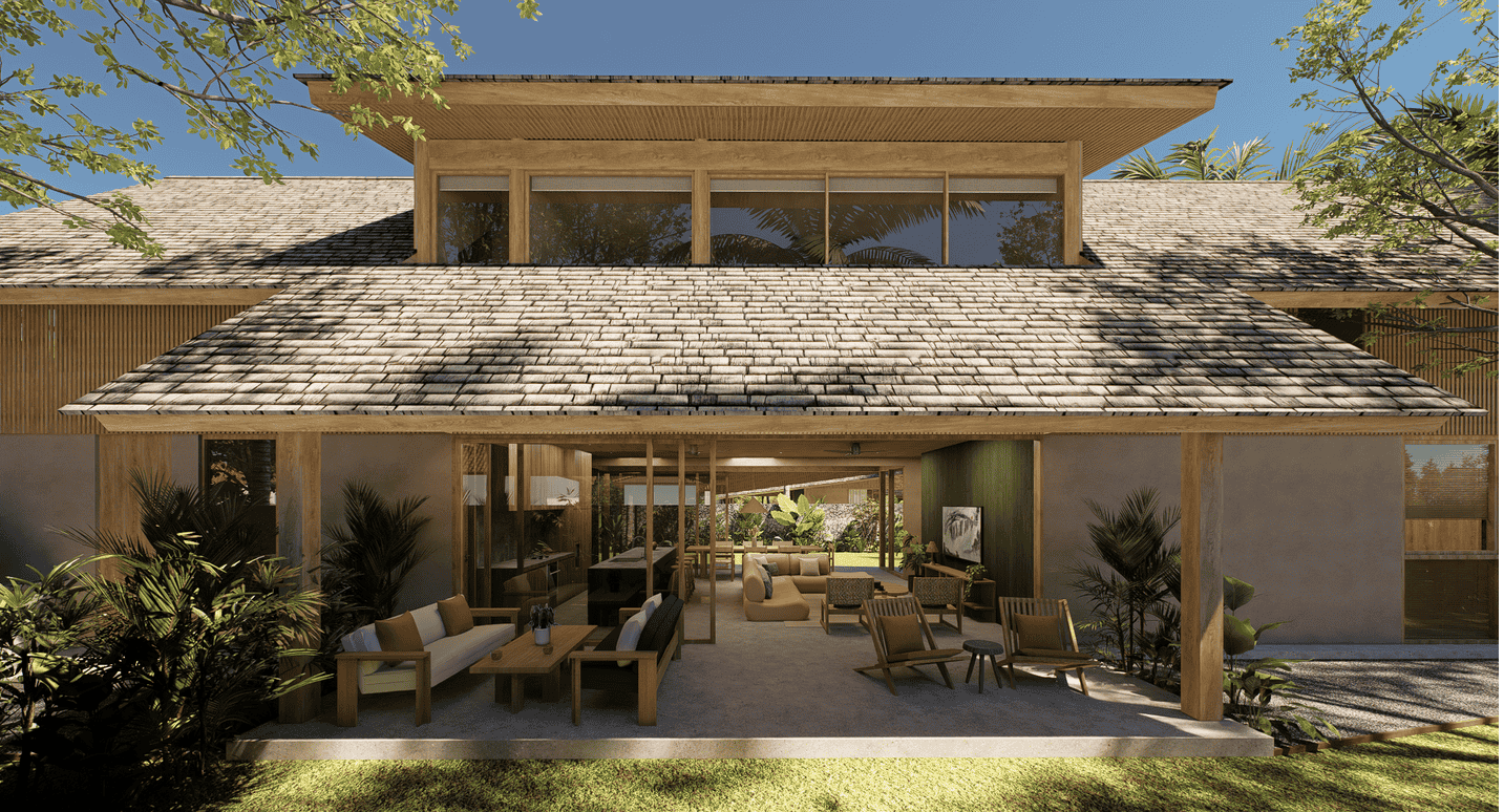 Modern open-air house with wooden patio and seating.