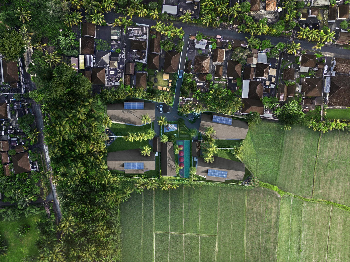 Aerial view of green fields and rooftops.