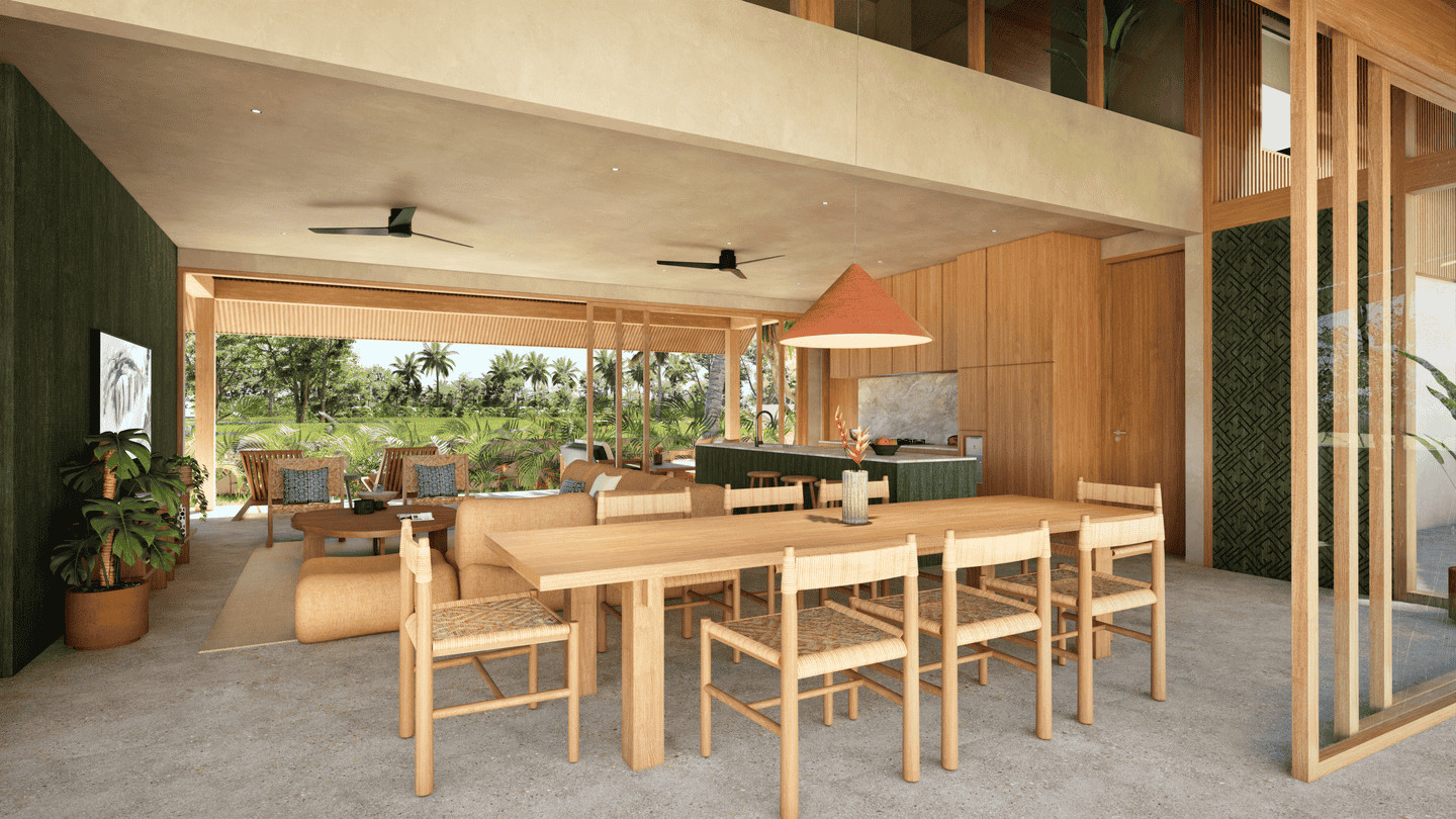 Modern open-plan living room with wooden furniture.