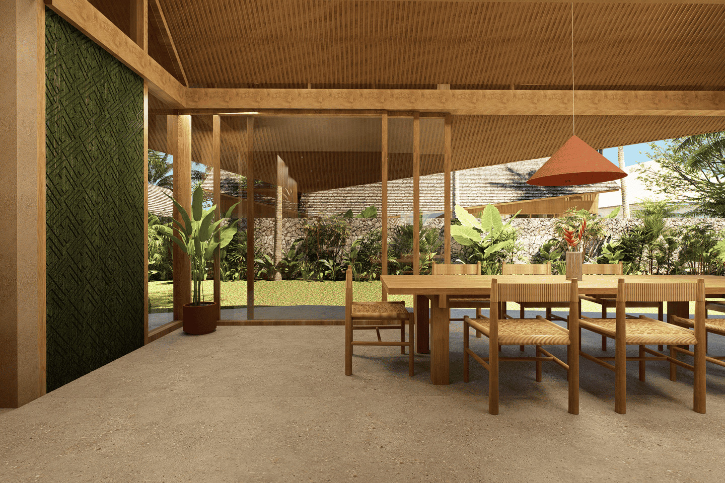 Modern wooden dining area with garden view