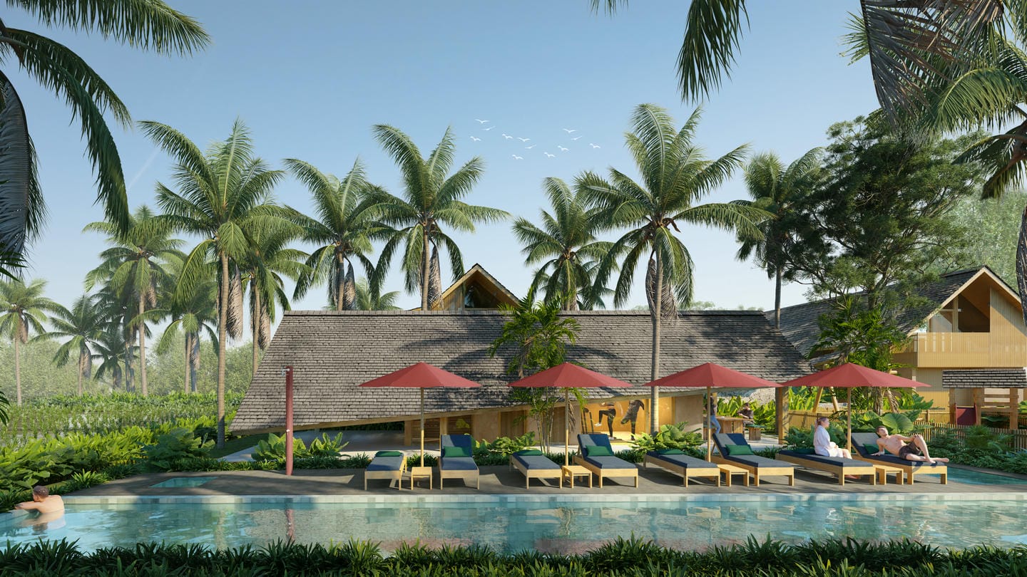 Tropical resort with pool and palm trees.