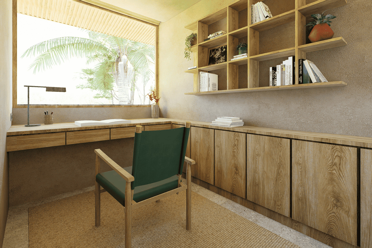 Minimalist home office with wooden furniture.