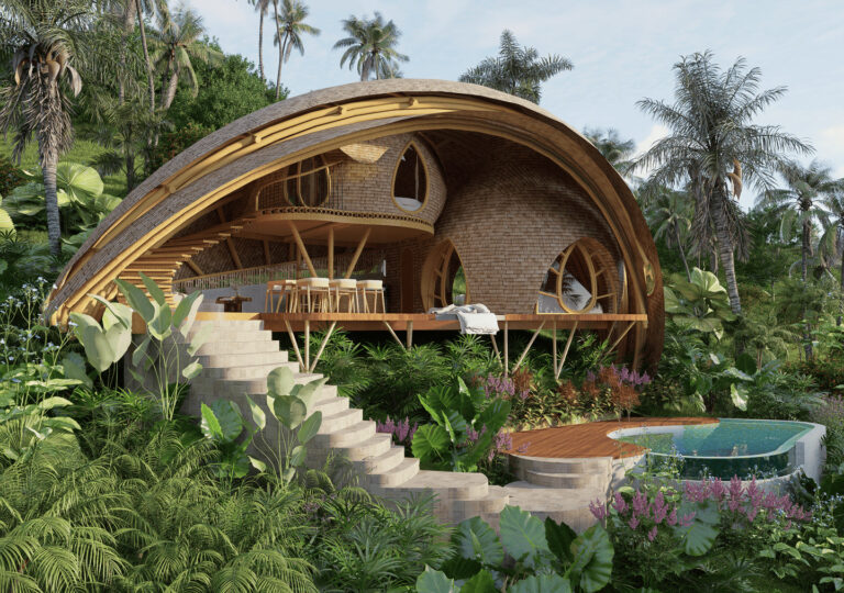 Eco-friendly bamboo house surrounded by tropical jungle.