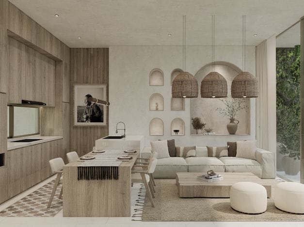 Modern living room with neutral tones and wood accents.