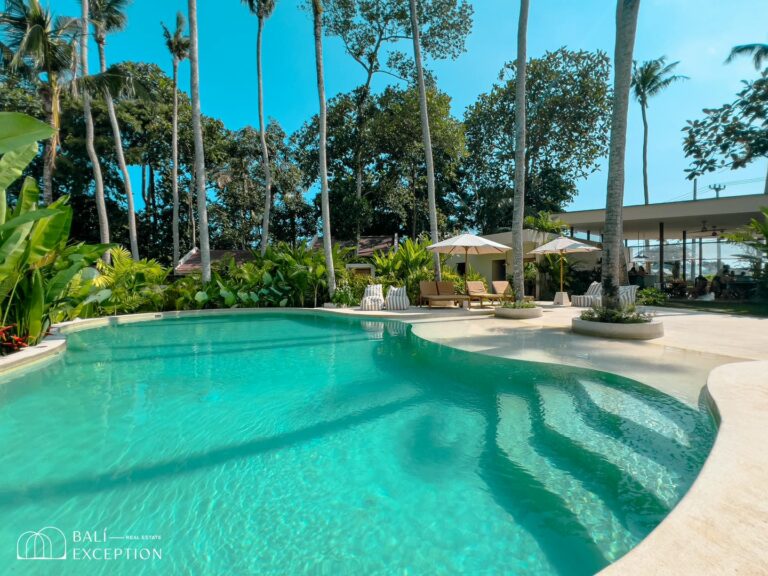 Tropical pool with loungers and palm trees.