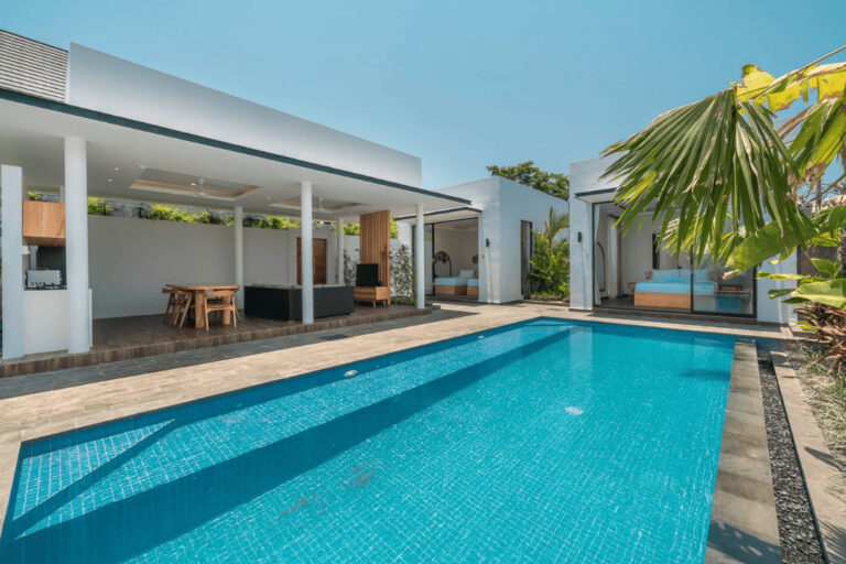 Modern villa with pool and tropical plants