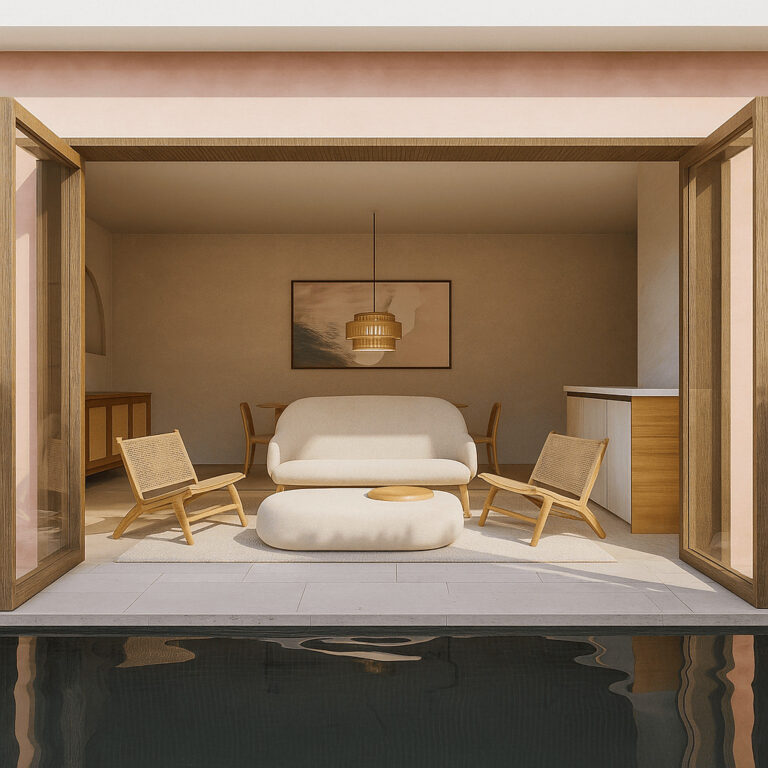Modern minimalist living room with pool view.