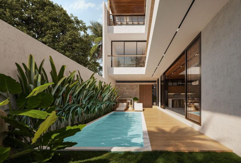 Modern house with pool and tropical plants