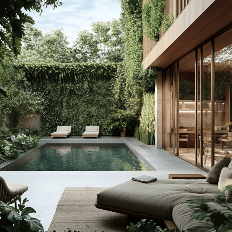 Luxurious backyard with pool and lush greenery